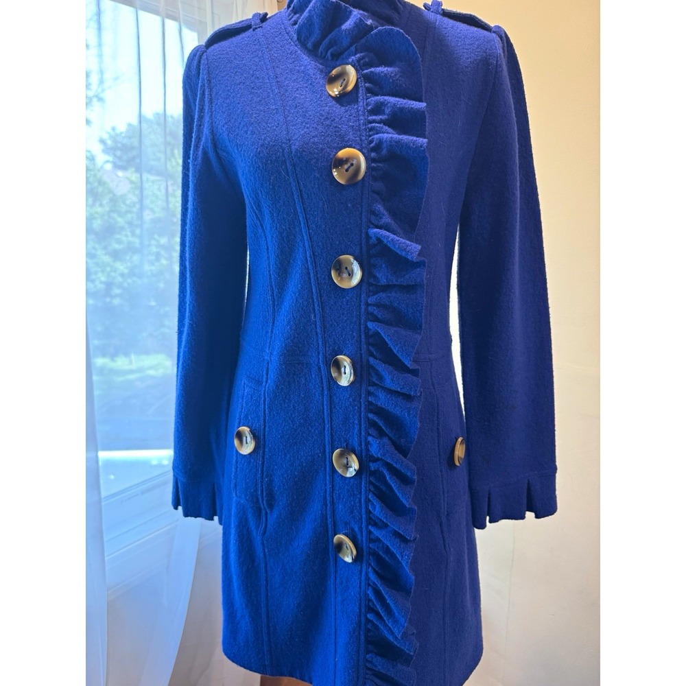 Luii Blue Ruffle Button Front Mid-Length Coat Jacket Women's M Pockets - Read